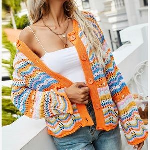 Orange strip pointelle cardigan